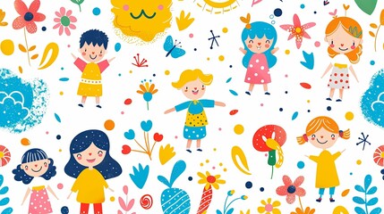 Colorful Pattern of Happy Children Surrounded by Flowers and Sun
