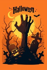 Greeting card with  creepy dirty zombie hand rising on night evil cemetery and Halloween text. Monster rising from the grave. Flat cartoon style. Trick or Treat. Illustration for banner or poster