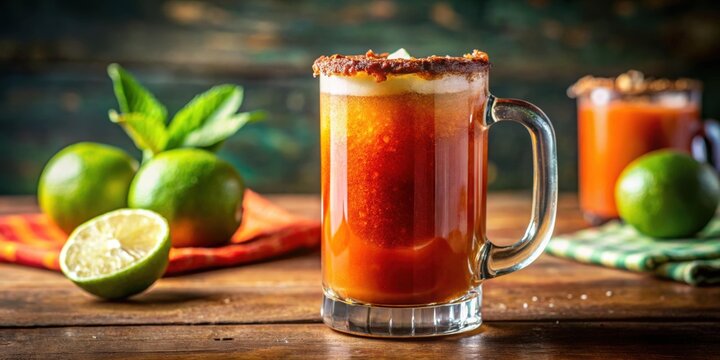 Traditional Mexican michelada in glass mug with blurry background , Mexican, michelada, beverage, glass mug, refreshing, spicy, tomato