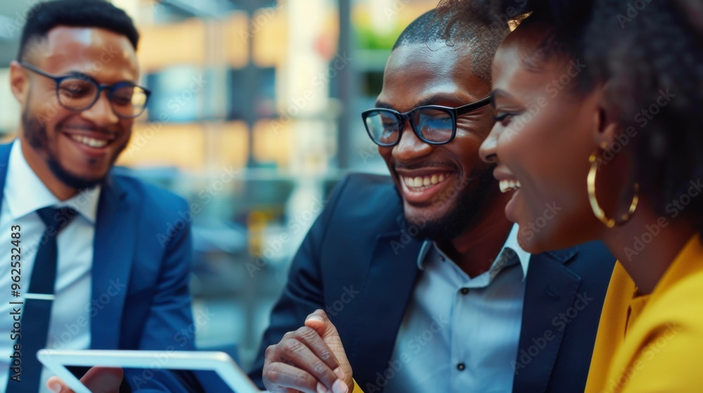 Poster a group of cheerful colleagues engaged in a lively conversation while using a tablet, smiling and co