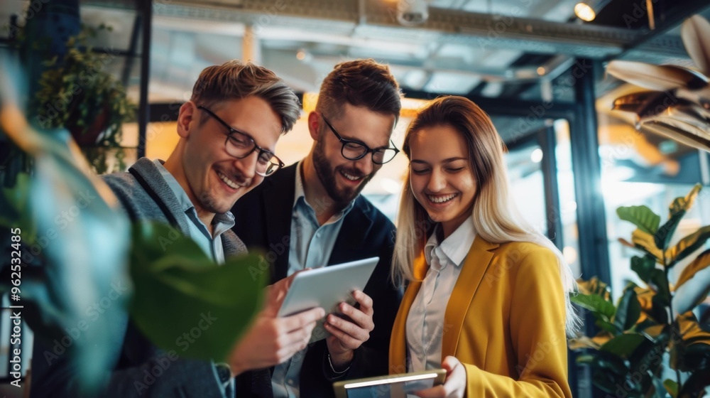 Poster a group of cheerful colleagues engaged in a lively conversation while using a tablet, smiling and co