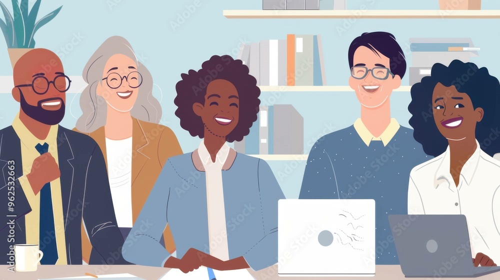 Poster a diverse group of businesspeople laughing and collaborating on a new project in a modern office, us