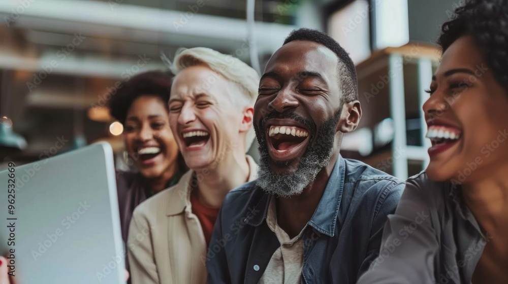 Poster a diverse group of businesspeople laughing and collaborating on a new project in a modern office, us