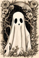 Vintage ghost illustration with flowers. 