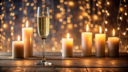 Champagne glass with lit candles on a table, celebration, elegant, decorative, luxury, romantic, festive