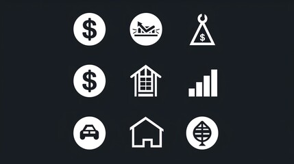 36. Pack of simple white icons in HD animation representing various aspects of an economic crisis, designed with a transparent background for seamless integration