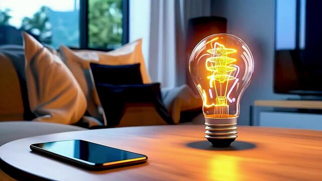a lightbulb  and  a cell phone  on  a table