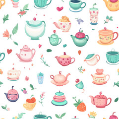 Tea party style doodle seamless pattern with tea cups