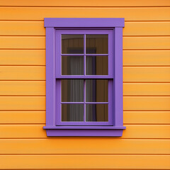 Obraz premium Front view of a purple window on an orange wooden house wall.