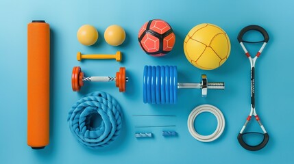 Blue Background Featuring a Set of Sports Equipment in Top View