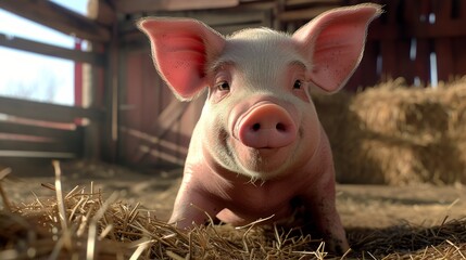 A cute piglet with pink ears stands on straw in a cozy barn. The piglet's curious expression and the warm, natural lighting create a charming and inviting rural scene, perfect for agricultural or