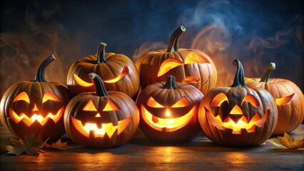 Spooky jack-o-lanterns glowing in the dark with eerie faces , Halloween, pumpkins, decorations, October, scary, creepy