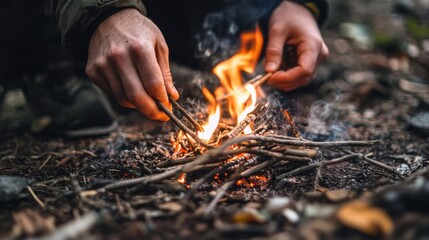 Igniting a Roaring Campfire in the Wilderness with Kindling and Sparks