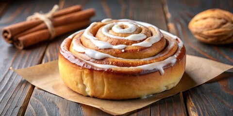 Traditional round cinnamon roll with swirls of cinnamon sugar and creamy icing , bakery, dessert, sweet, pastry