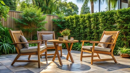 Obraz premium Outdoor patio with wooden armchairs and table, outdoor, patio, wooden, armchairs, table, relaxation, seating, furniture, backyard