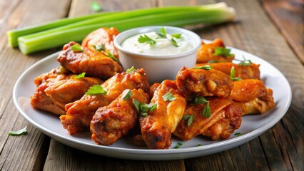 Fototapeta premium Plate of buffalo chicken wings with blue cheese dressing isolated on background, buffalo chicken wings, blue cheese dressing