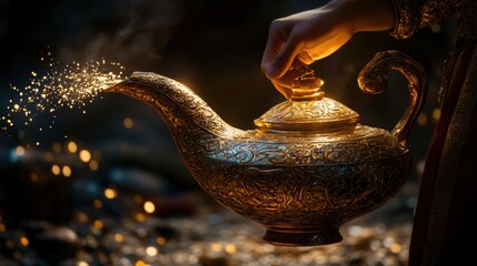 Magical Glowing Antique Arabian Lamp in Mystic Atmosphere