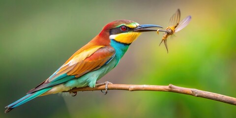 Obraz premium European bee-eater catching and devouring a dragonfly, European bee-eater, Merops apiaster, flying, hunting, predator