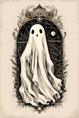 Vintage ghost illustration. Spooky ghost at night.