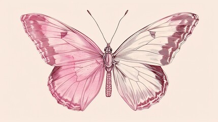 68. High-resolution hand-drawn vector of a pink butterfly, featuring detailed wing textures and a graceful, natural pose