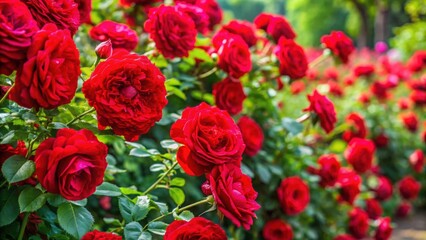 Bushes of blooming bright red roses in a lush garden, red, roses, flowers, garden, blooming, vibrant, beauty, nature