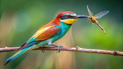 Obraz premium European bee-eater catching and devouring a dragonfly, European bee-eater, Merops apiaster, flying, hunting, predator