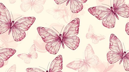 76. Seamless repeating pattern of hand-drawn pink butterflies, each with intricate wing details and a soft, pastel color scheme, perfect for backgrounds and textiles