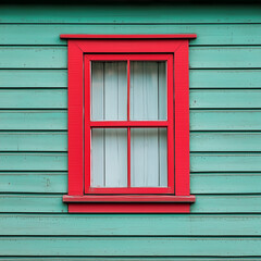 Front view of a red window on a green and white wooden house wall.
