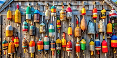 Fototapeta premium Colorful wooden buoys hanging on a shed in Maine, USA , Maine, USA, colorful, wooden, buoys, hanging, shed, coastal