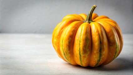 Golden acorn squash with longitudinal ridges and yellow-orange flesh on background, acorn squash, pepper squash