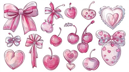 92. Detailed vector drawing of cherry bows and heart motifs, created in a soft girl aesthetic with a trendy and girly touch, ideal for Valentine's Day-themed illustrations