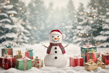 A cheerful snowman wearing a hat stands among colorful wrapped gifts in a snowy landscape, evoking a festive holiday spirit.
