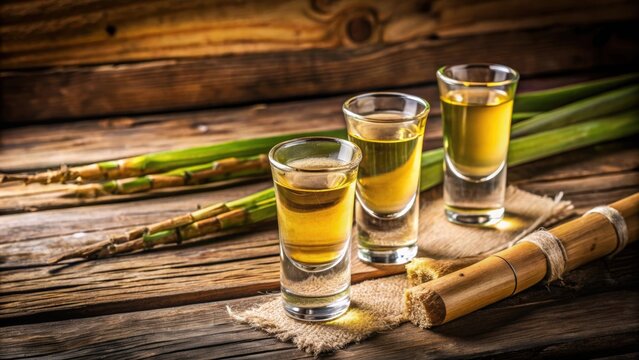 Two shot glasses of Brazilian gold cachaca with sugar and sugarcane isolated on rustic wooden background, Brazil