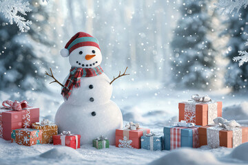 Obraz premium A cheerful snowman stands amidst colorful presents in a snowy landscape, capturing the festive spirit of winter.