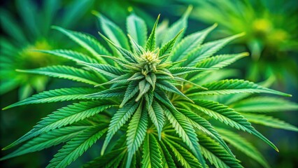 Fototapeta premium Close up of vibrant green hemp marijuana flower leaves, hemp, marijuana, cannabis, plant, close up, green, leaves