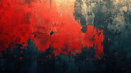 Fototapeta premium A close-up shot of a weathered red, blue, and grey painted wall with peeling paint and textured surface.