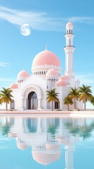 Naklejka premium Stunning mosque with pink domes, surrounded by palm trees and a serene water reflection under a clear blue sky.