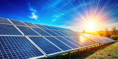 Solar panels gleaming under a clear blue sky, solar energy, renewable, electricity, power, clean, technology