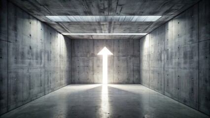 Abstract industrial concrete room with double arrow opening and backlit from above, featuring a rough floor, industrial
