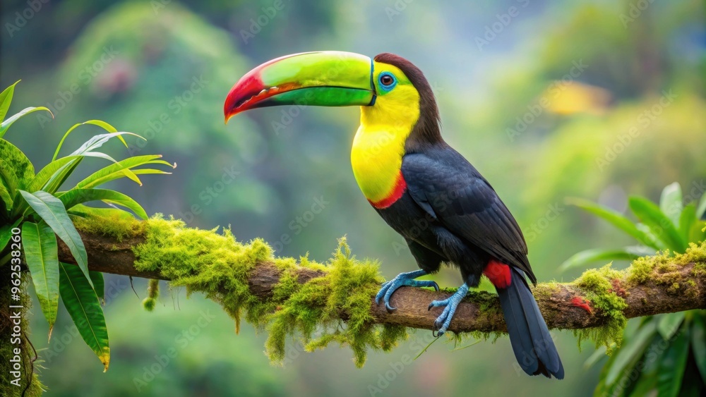 Wall mural Keel-billed Toucan perched on tree branch in lush Costa Rican forest, Costa Rica, nature, wildlife