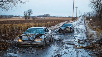 Car Accident at Rural Crossroad with Farmland Landscape