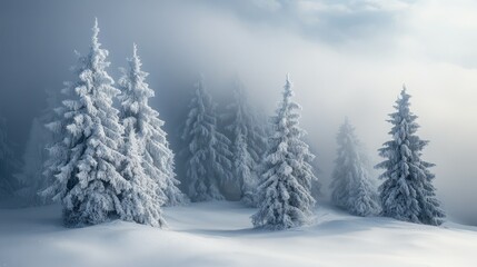 Naklejka premium Snow-Covered Fir Trees in a Misty Mountain Landscape