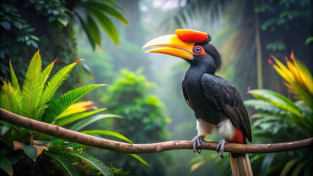 Rhinoceros hornbill with orange bill perched in dark tropic forest , hornbill, Buceros rhinoceros, black bird, tropical