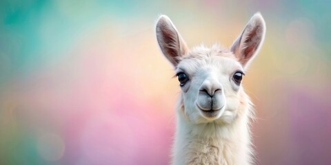 Obraz premium Cute llama with a sweet face on a pastel background, llama, cute, adorable, animal, sweet, face, pastel, background, fluffy