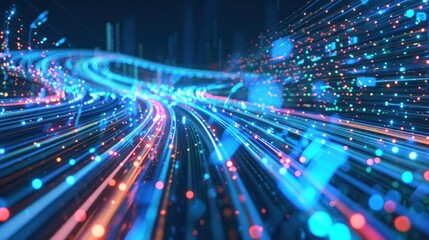 Abstract digital art: Neon lights, glowing lines and data flow