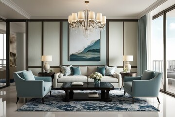 Fototapeta premium Elegant Penthouse Interior Mockup Featuring Stylish Furniture and Tranquil Wall Design