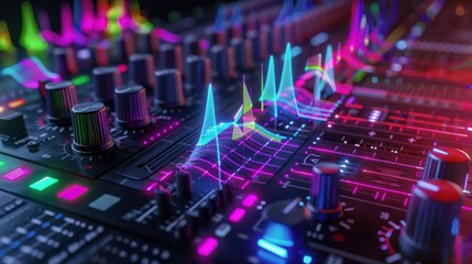 Close-up of a Soundboard with Colorful Visualizer