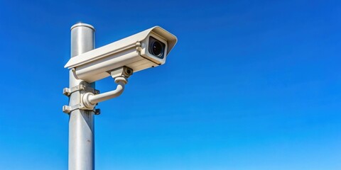 Security camera on post against clear sky backdrop , surveillance, technology, safety, protection, monitoring, outdoor