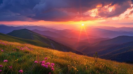 Obraz premium Sun Setting Over A Field of Wildflowers in the Mountains