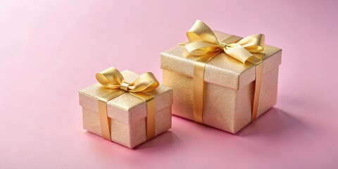 Fototapeta premium Two elegant gift boxes with golden ribbons on a pink background , Gift, Boxes, Elegant, Luxury, Golden, Ribbons, Pink